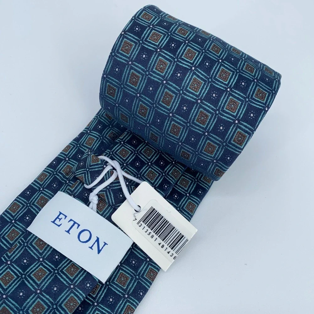 Eton Tie Mens One Size Navy Brown Patterned Silk Professional Necktie Italy Made